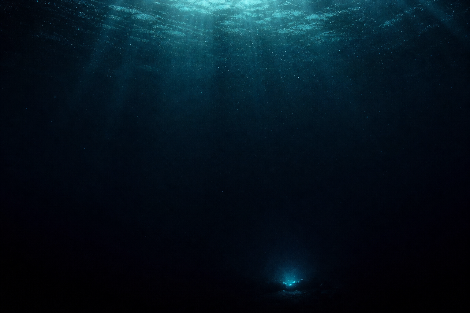 The last shafts of surface light dissolving into open black water