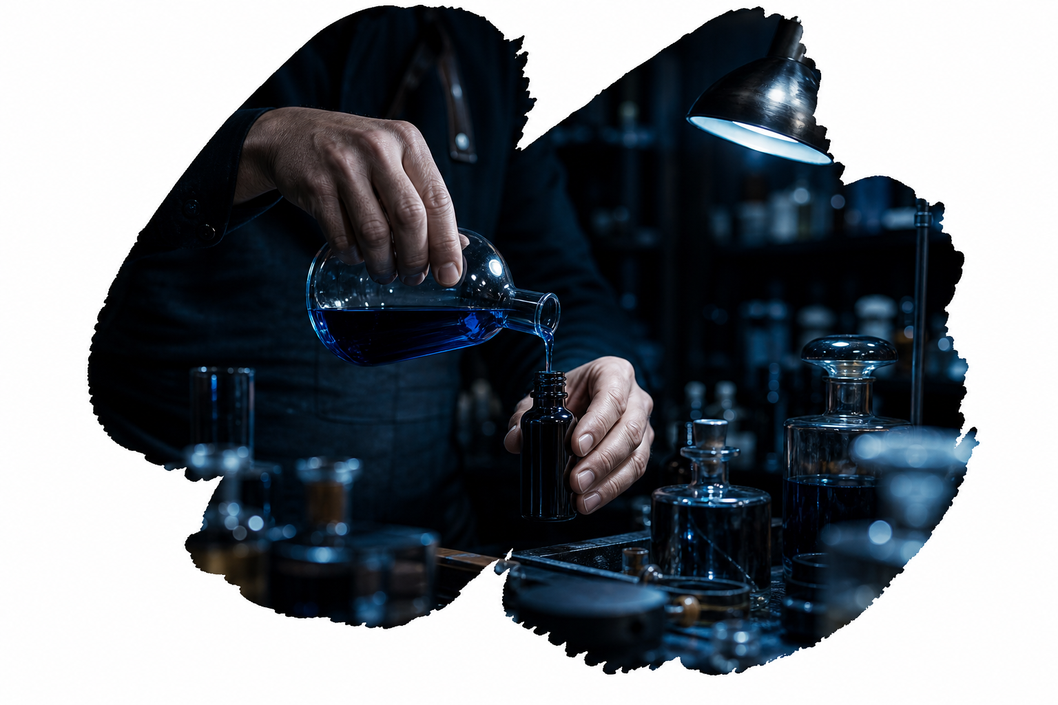The perfumer decanting deep-blue liquid in the dark atelier